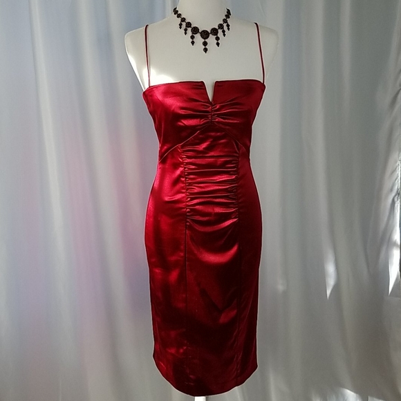 nicole miller red satin dress Nicole Miller Red Stretch Satin Ruched Dress Sz 6